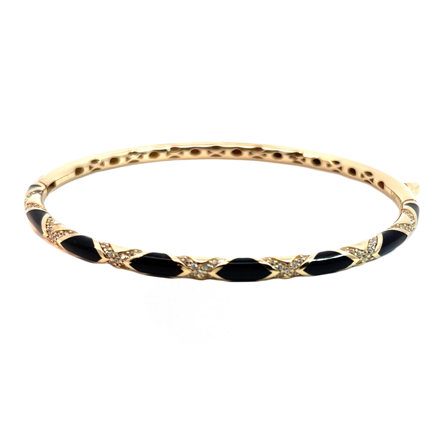 14K Yellow Gold Ring & Bangle with Black Enamel & CZ Accents