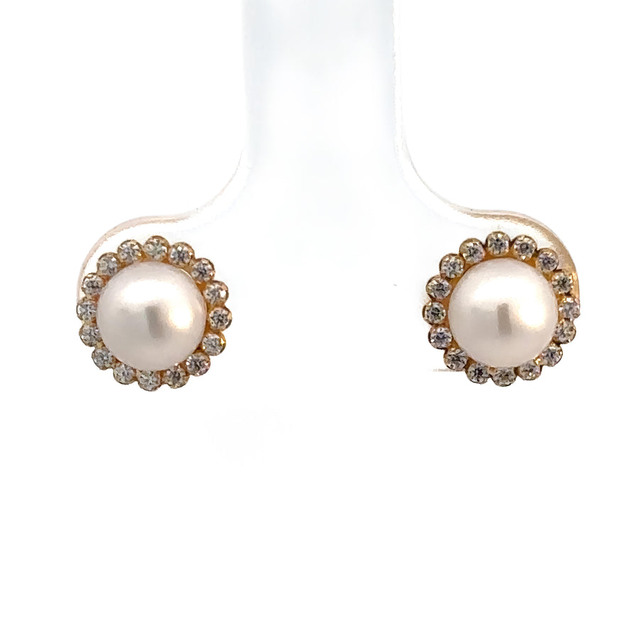 18k Gold Medium Pearl Center Stud Earrings for Baby and Women