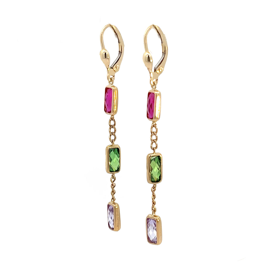 14k Gold Earrings with Multi-Colored 3-Stone Crystal for Women