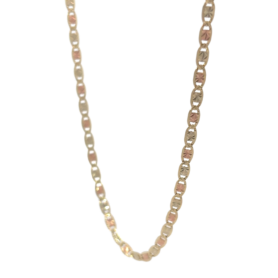 Model wearing the 10k gold 2-tone necklace, emphasizing its elegant and versatile design.
