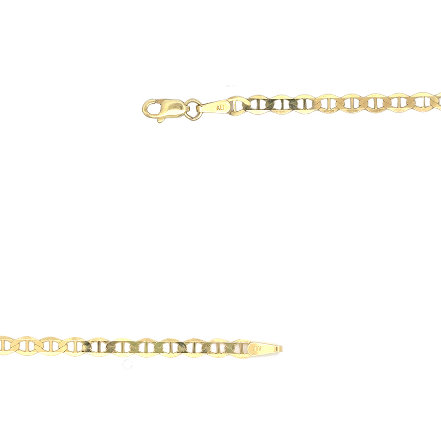 Flat-lay image of the 10k gold chain with a subtle sheen, emphasizing its timeless elegance.