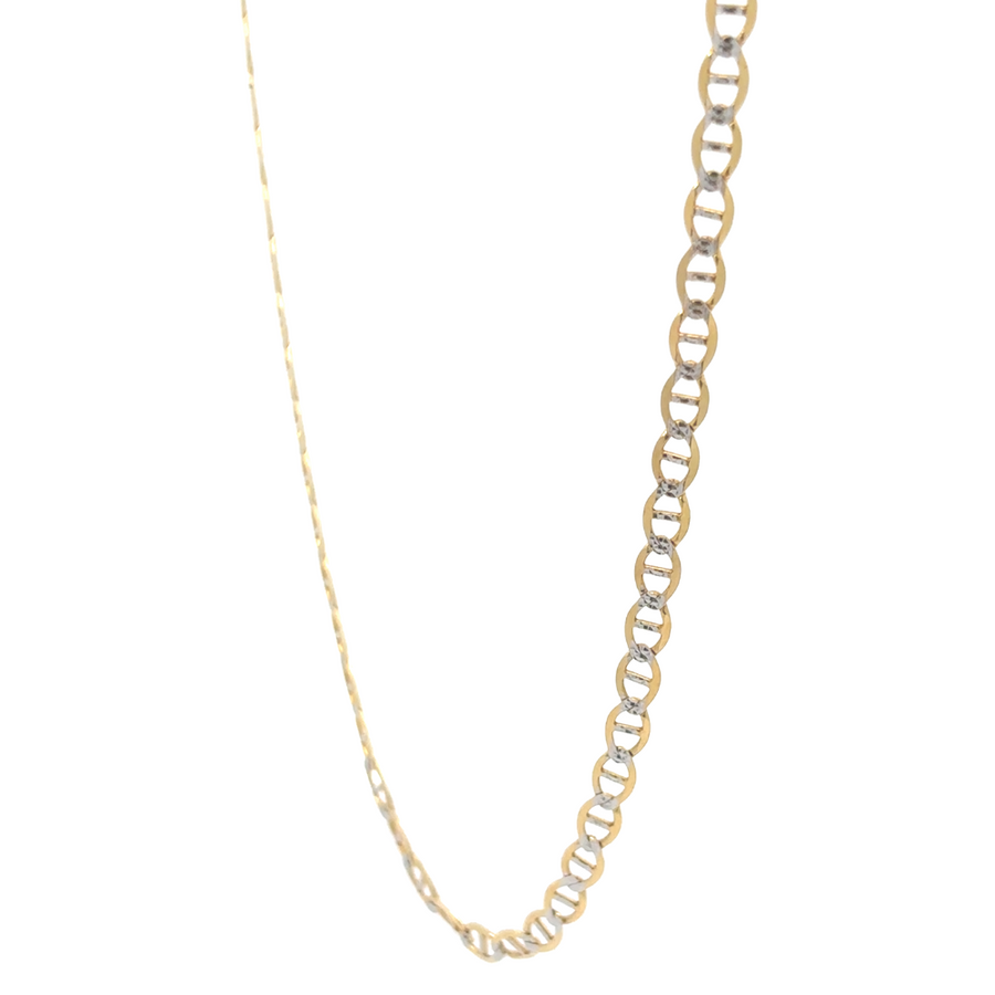 Side view of 10k gold chain ESL on a neutral fabric background, highlighting its smooth finish