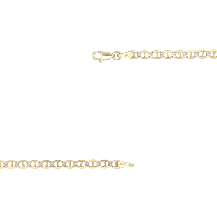 Flat-lay of 10k gold 18-inch chain ESL for men, displayed on a stylish surface