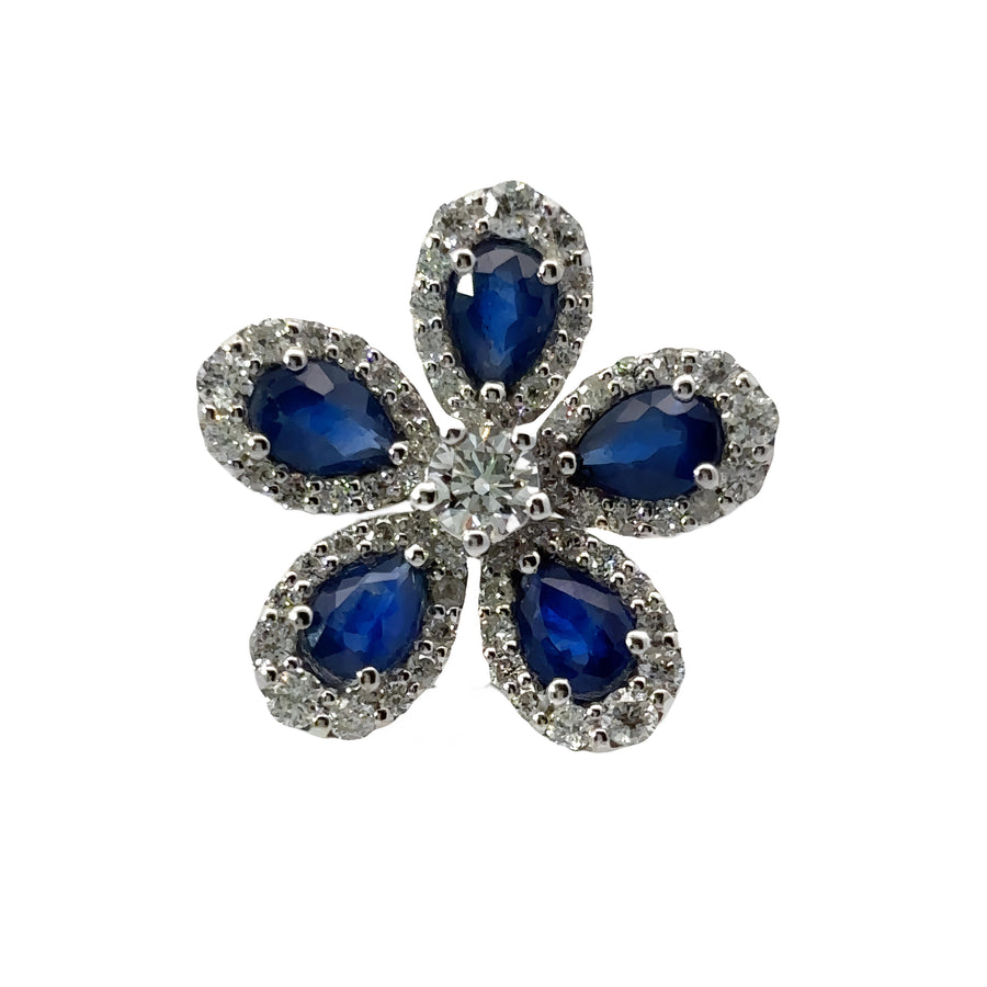 14k Gold Flower Ring with Diamonds and Sapphire (Set 3), Size 7