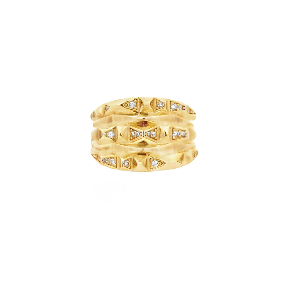 14k Gold Wide Ring with Spikes & CZ for Women - Size 7