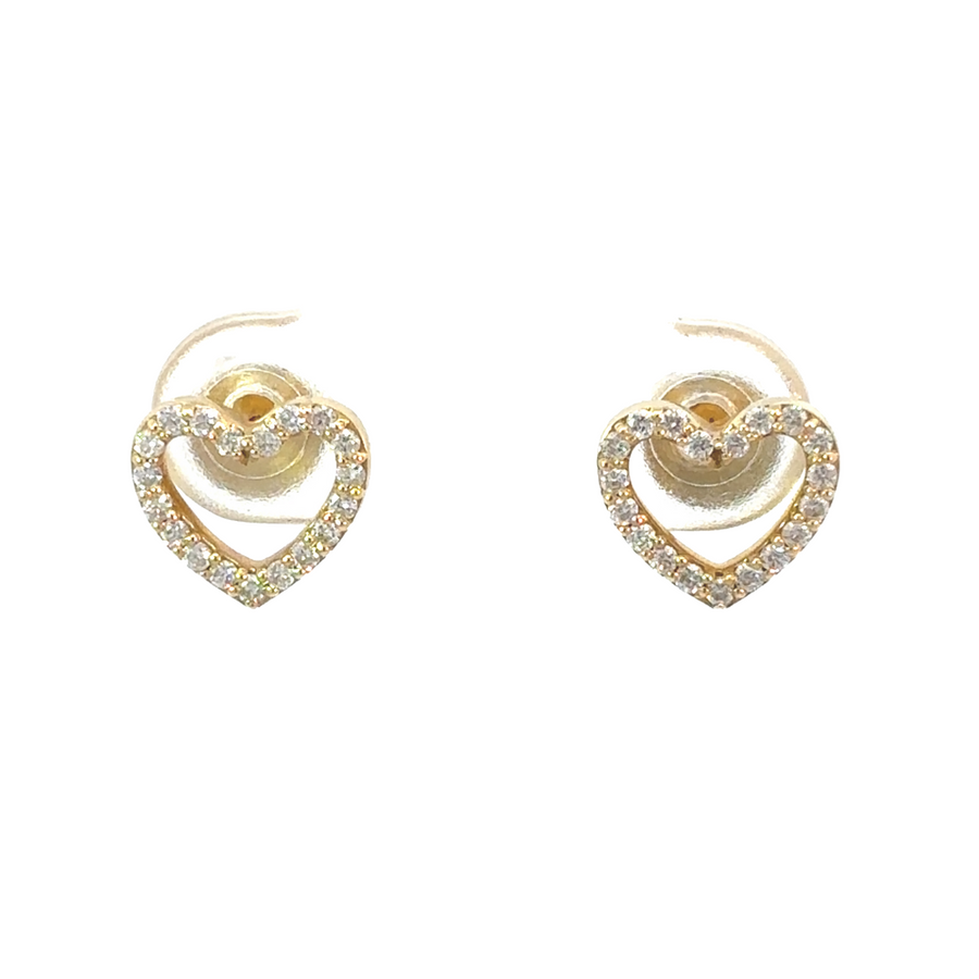 Close-up of 14K gold heart-shaped stud earrings adorned with diamonds