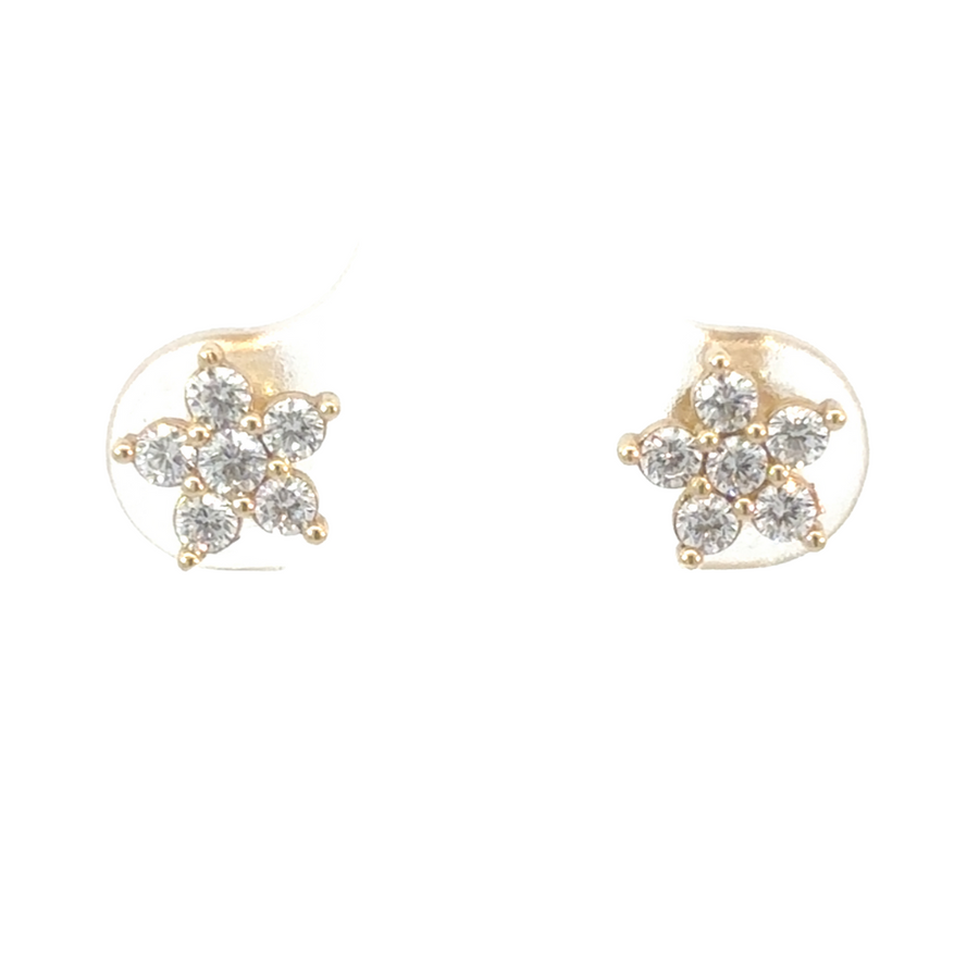Close-up view of 14K gold flower CZ stud earrings with brilliant cubic zirconia sparkle