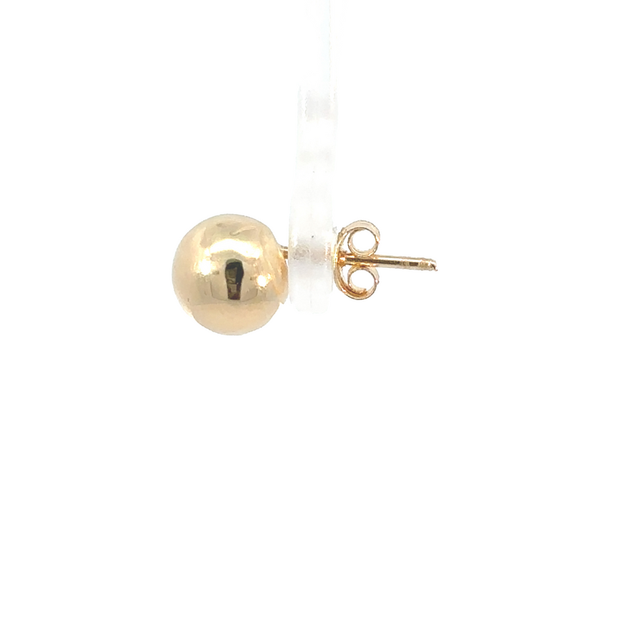 Side view of 14K gold solid ball stud earrings with secure backing