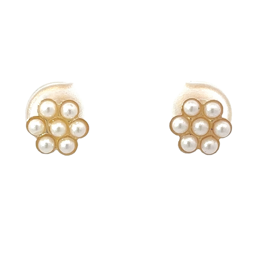14K gold pearl flower stud earrings with delicate floral design