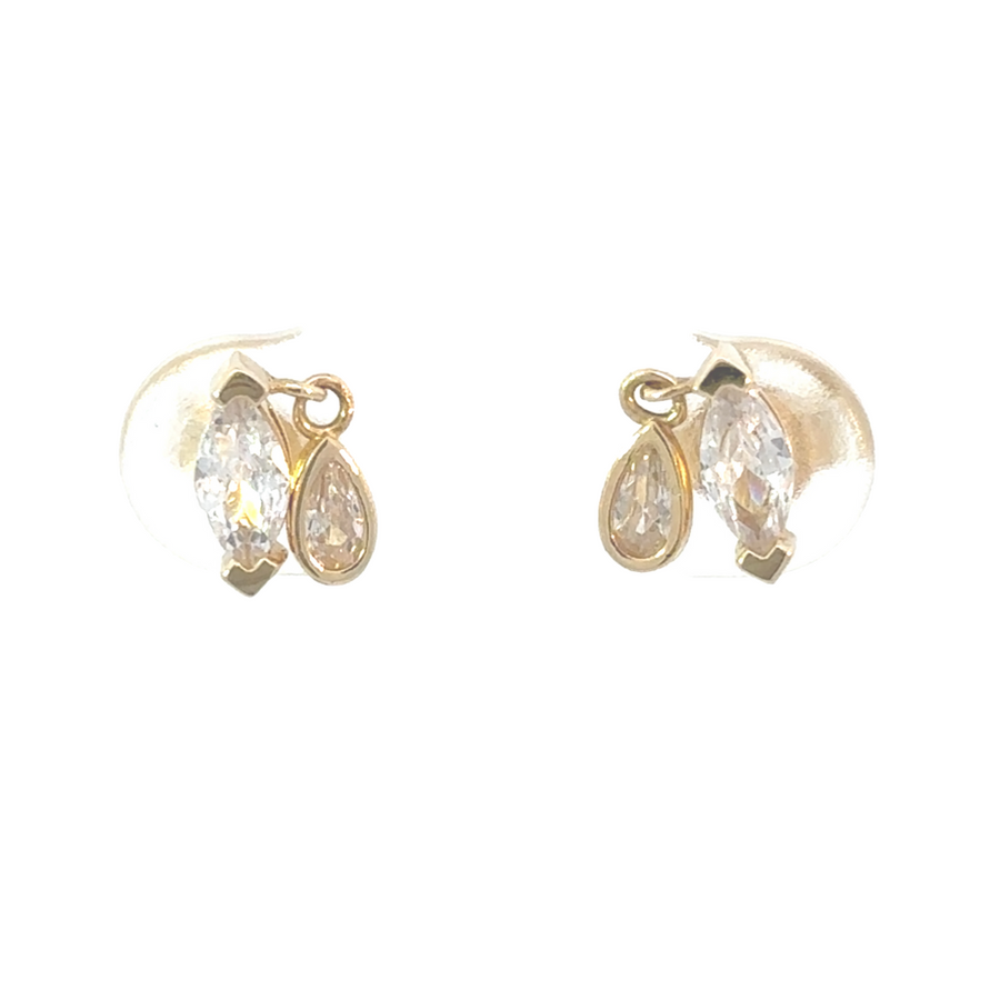 Close-up of 14K gold small oval CZ stud earrings with radiant cubic zirconia stones