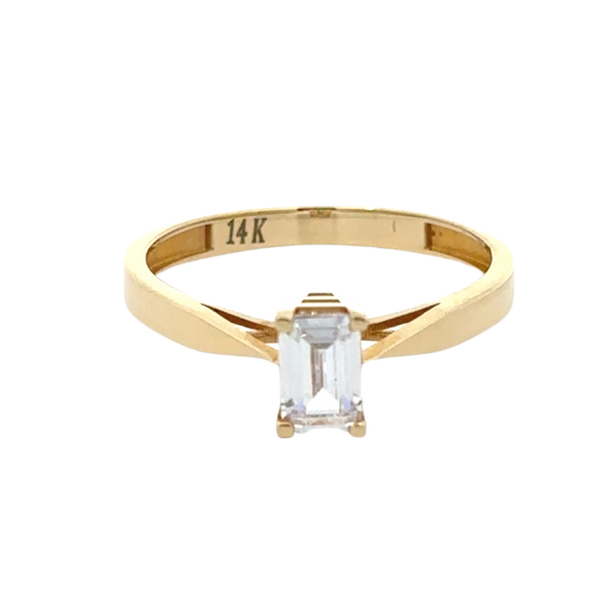 14K gold solitaire ring with a rectangular cubic zirconia showcased on a white background