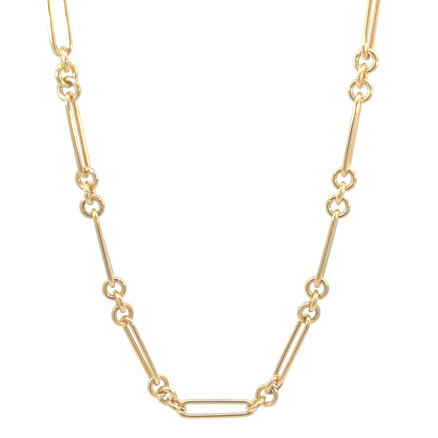 Model wearing 14K gold necklace, perfect for both men and women