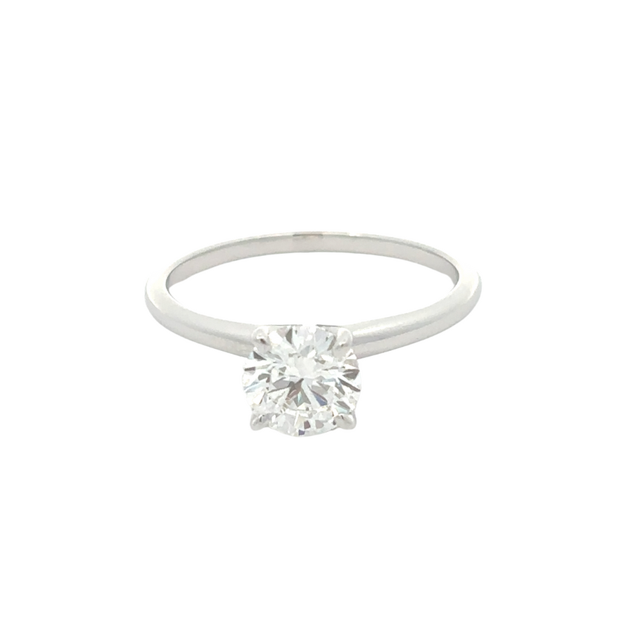 Close-up of 14K white gold ring featuring a radiant 1.02 carat lab diamond