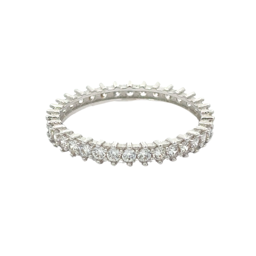 14K white gold ring with CZ on a velvet background, highlighting its polished finish
