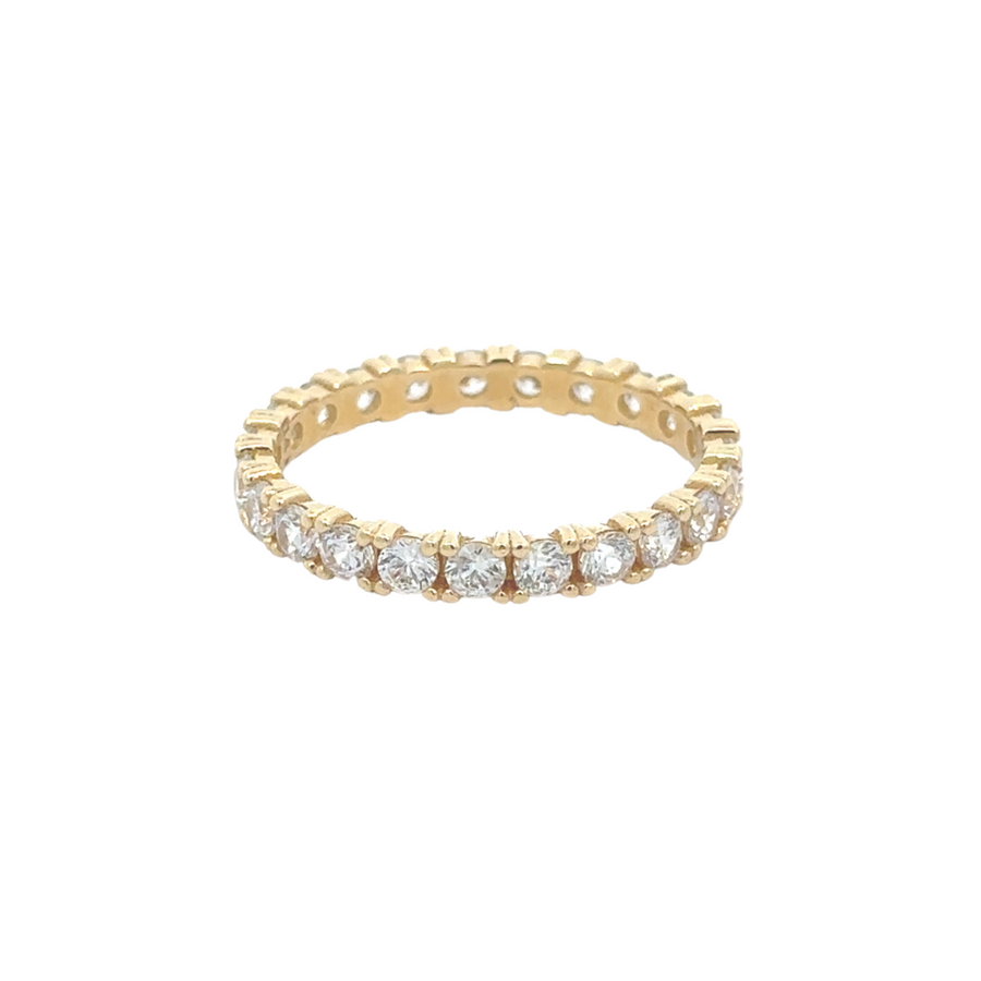 Square CZ ring worn on a hand, showcasing the elegance of the 14K yellow gold design.