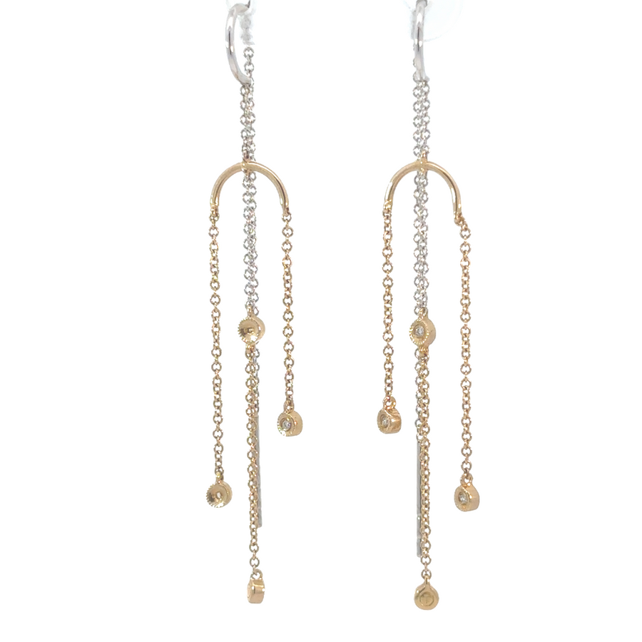 14k gold 2-tone hanging earrings with cubic zirconia on white background