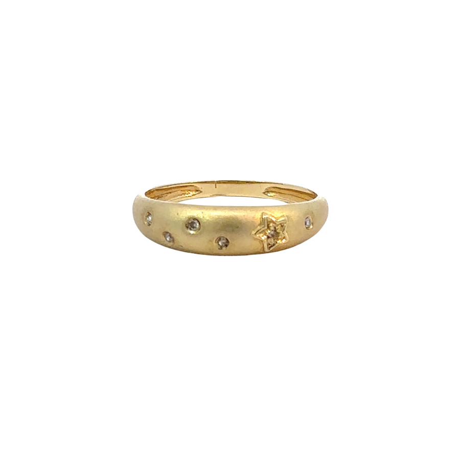 Close-up of 14k gold three-tone rings with sparkle