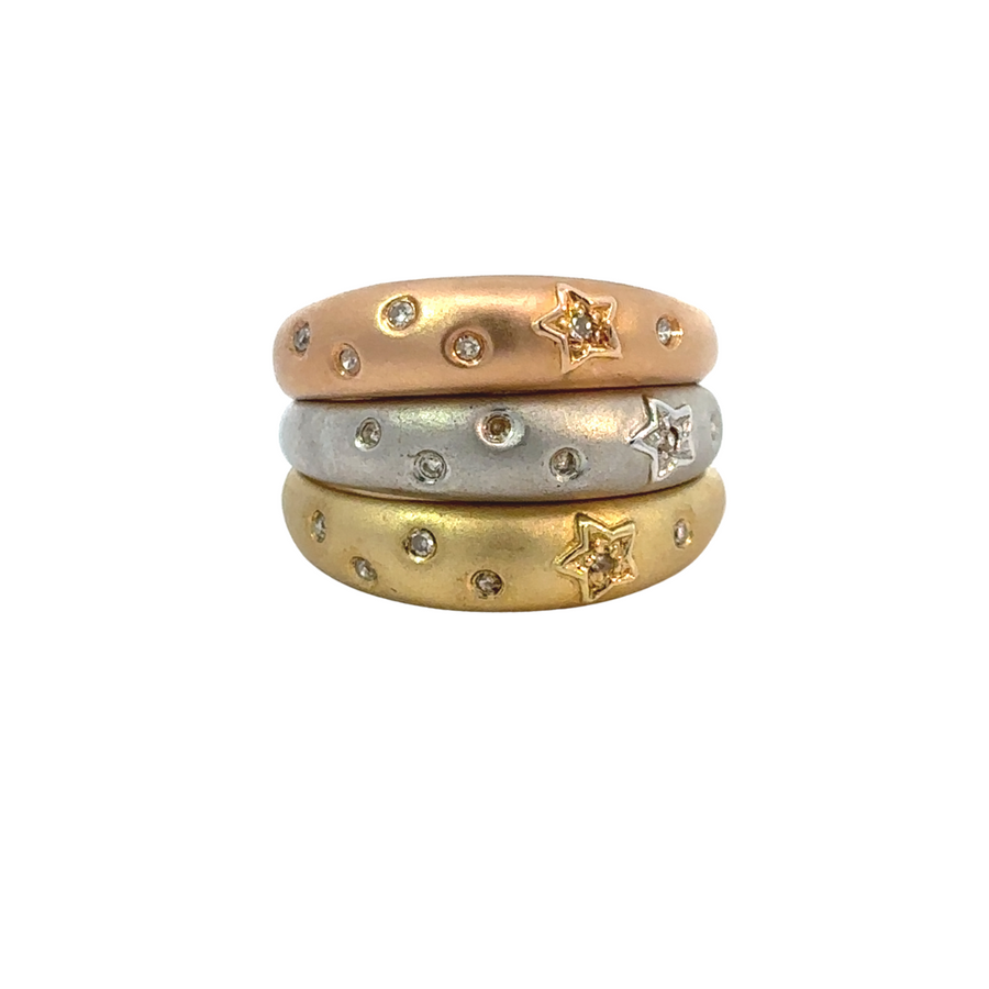 3-tone 14k gold rings set with diamonds
