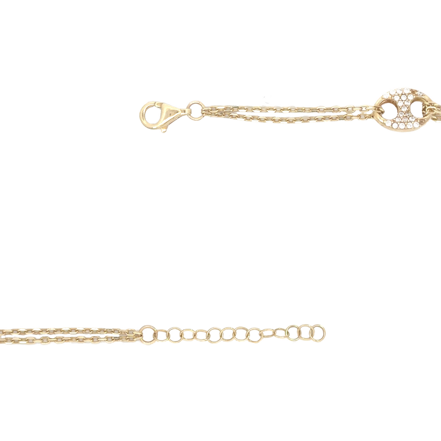 Detail shot of 14k gold links with adjustable extension chain