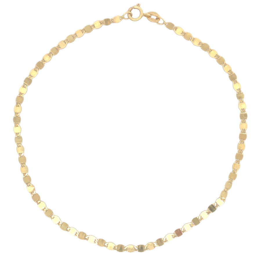 14k gold ankle bracelet with esl mirror design on white background