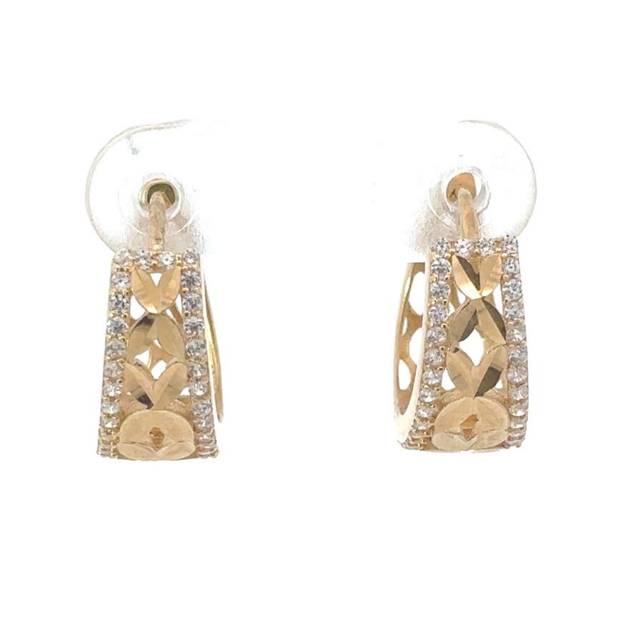 14k gold argolla flower earrings with cubic zirconia on white background
