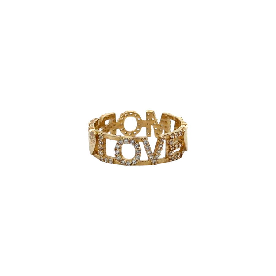 Close-up of Aro Amore design on 14k gold ring with CZ accents