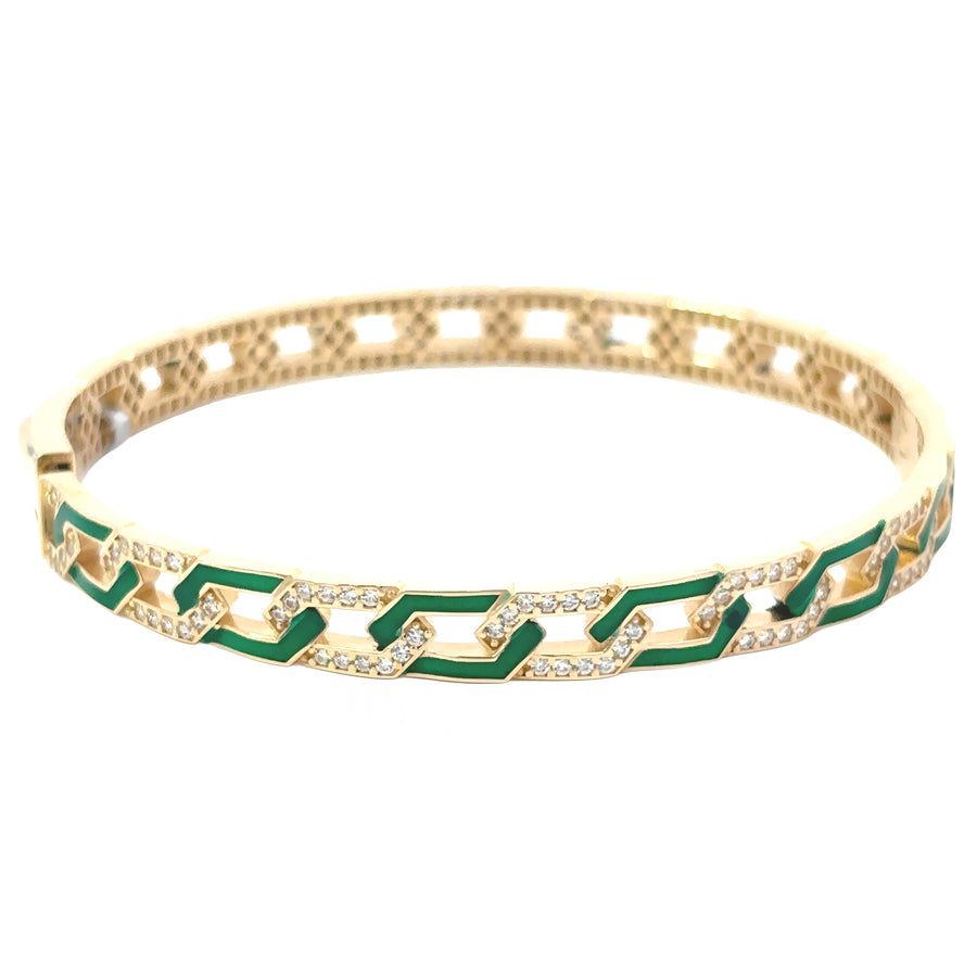 14k gold bangle with diamond and green enamel accent