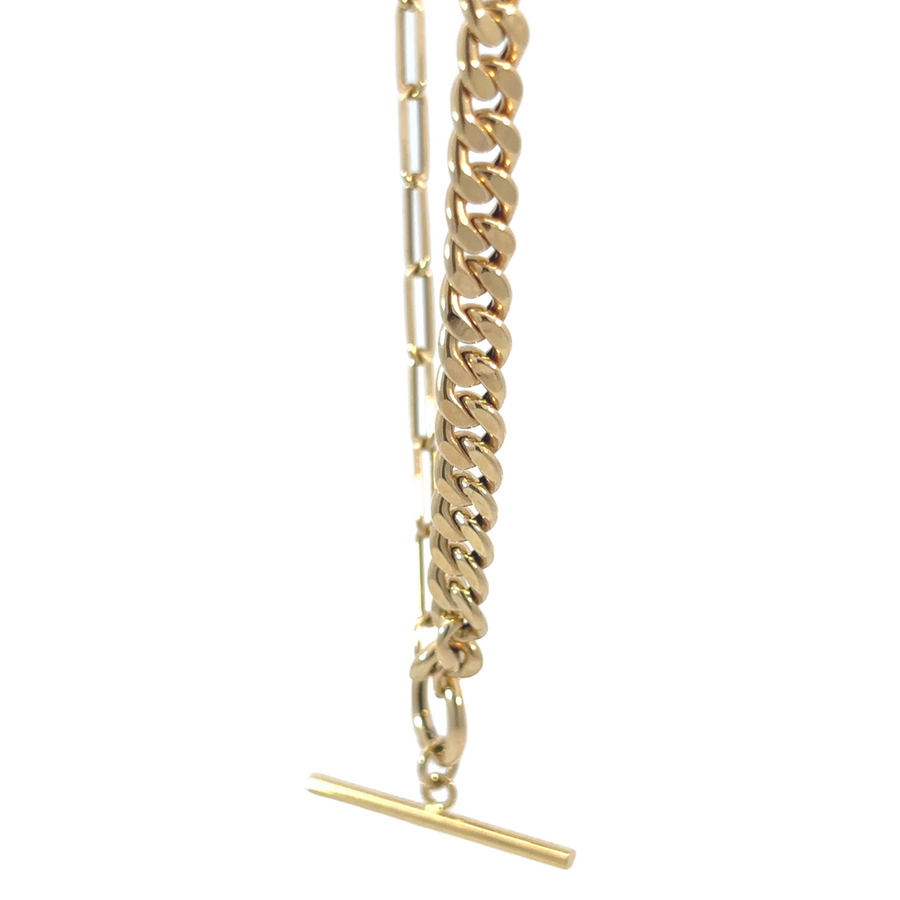 Unisex 14k gold necklace featuring half-bar, half-chain