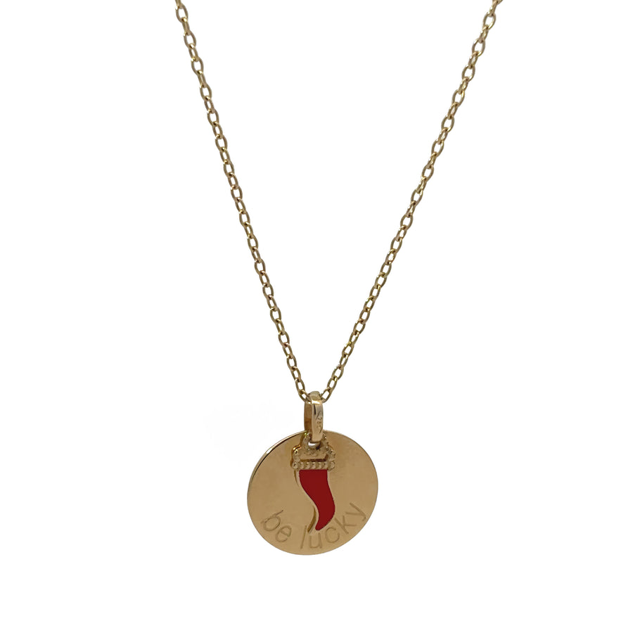 14k gold “Be Lucky” necklace on white background