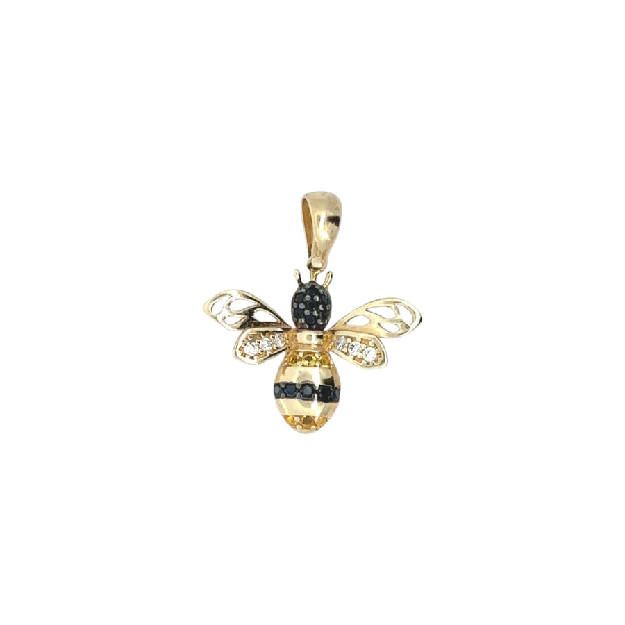 14k gold bee pendant necklace on a display stand