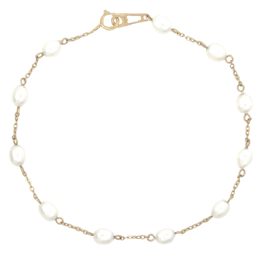 14k gold bracelet with 11 small pearls displayed on white background