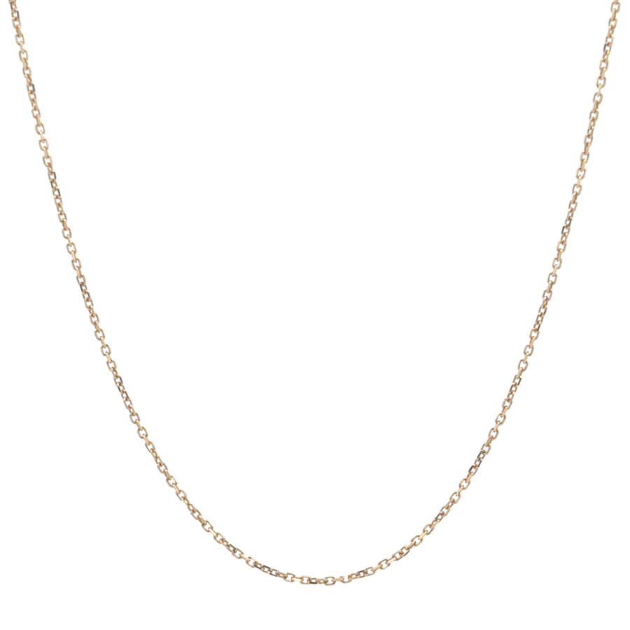 Flat-lay of 14k gold chain, 16 inches, on a clean white background