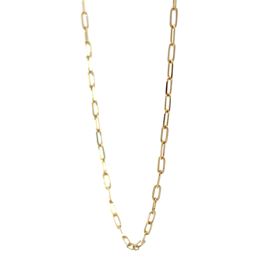 14k gold chain displayed on a neutral surface, showcasing its rich gold finish