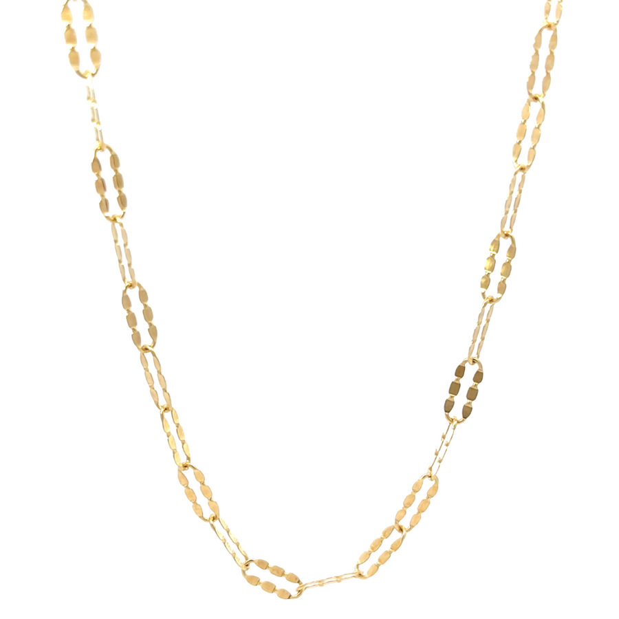 Flat-lay image of 14k gold chain available in 15.75", 17.5", and 20" lengths