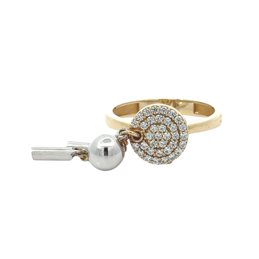 Close-up of the 14k gold circle ring featuring shimmering cubic zirconia (CZ) stones in a delicate design.