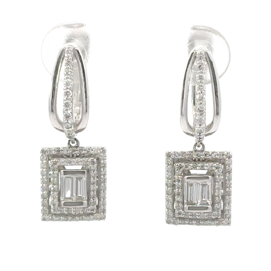 Pair of 14k gold cuadra earrings with diamond accents on white background