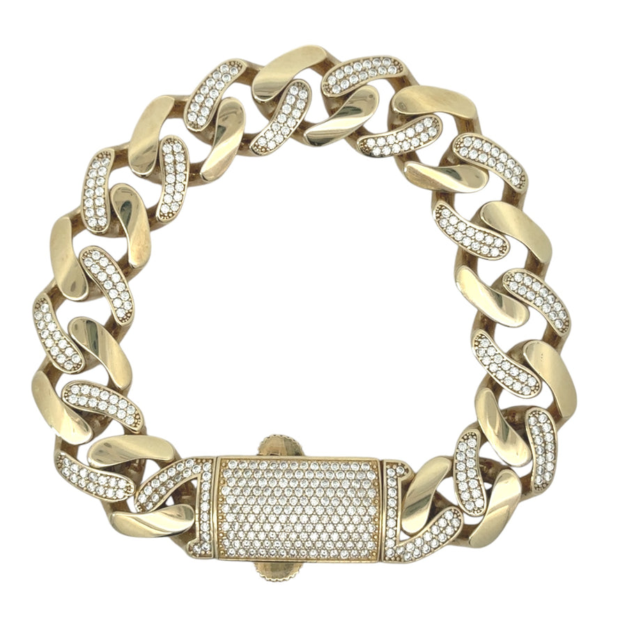 Unisex Cuban link bracelet in 14k gold with sparkling CZ stones
