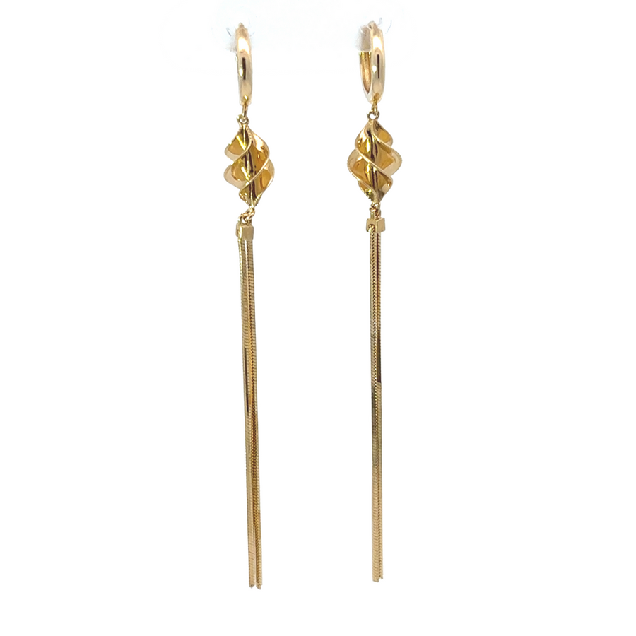 Elegant 14k gold dangle earrings with chain detailing displayed on a soft background