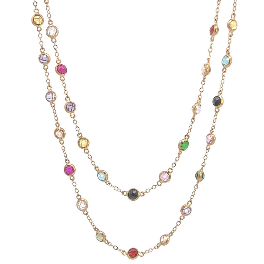 Elegant 14k gold necklace with 70 extra-extra-small multi-colored stones, perfect for casual or formal wear