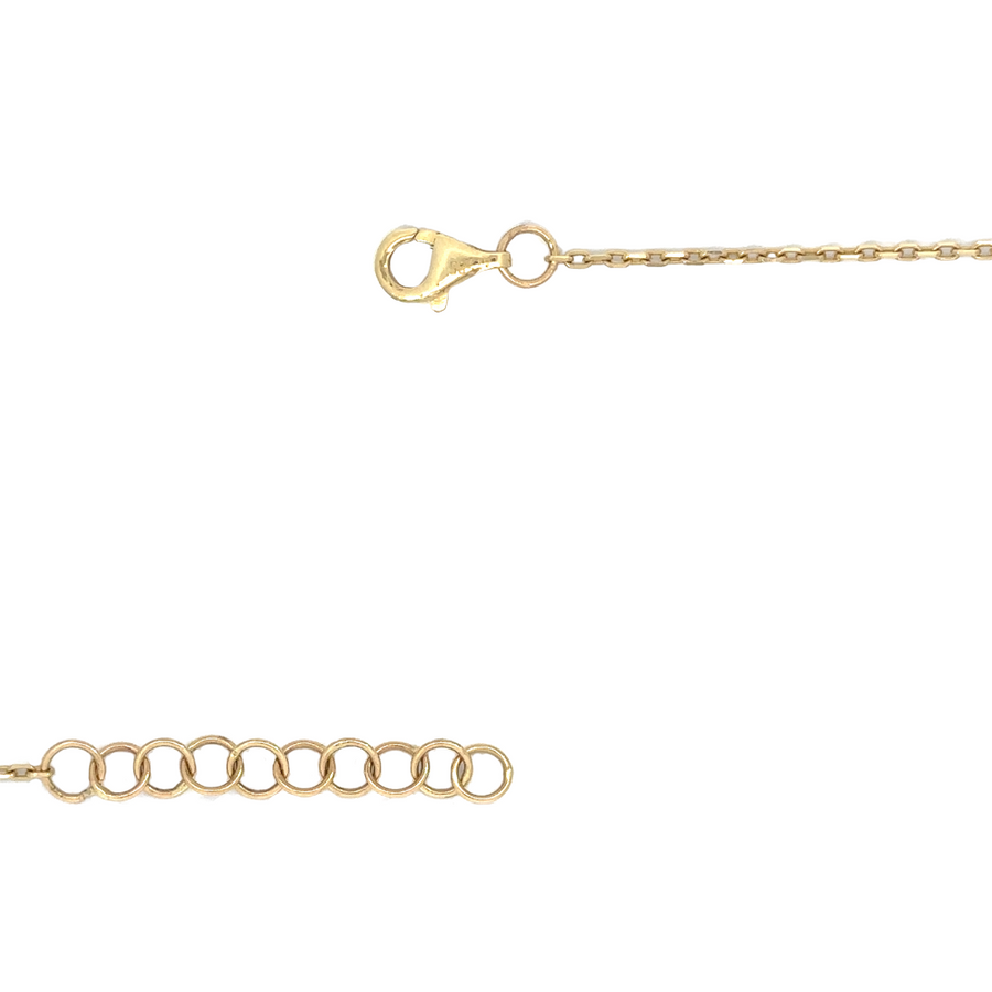 Flat-lay image of the 14k gold necklace, highlighting the drop pendant and fine chain.