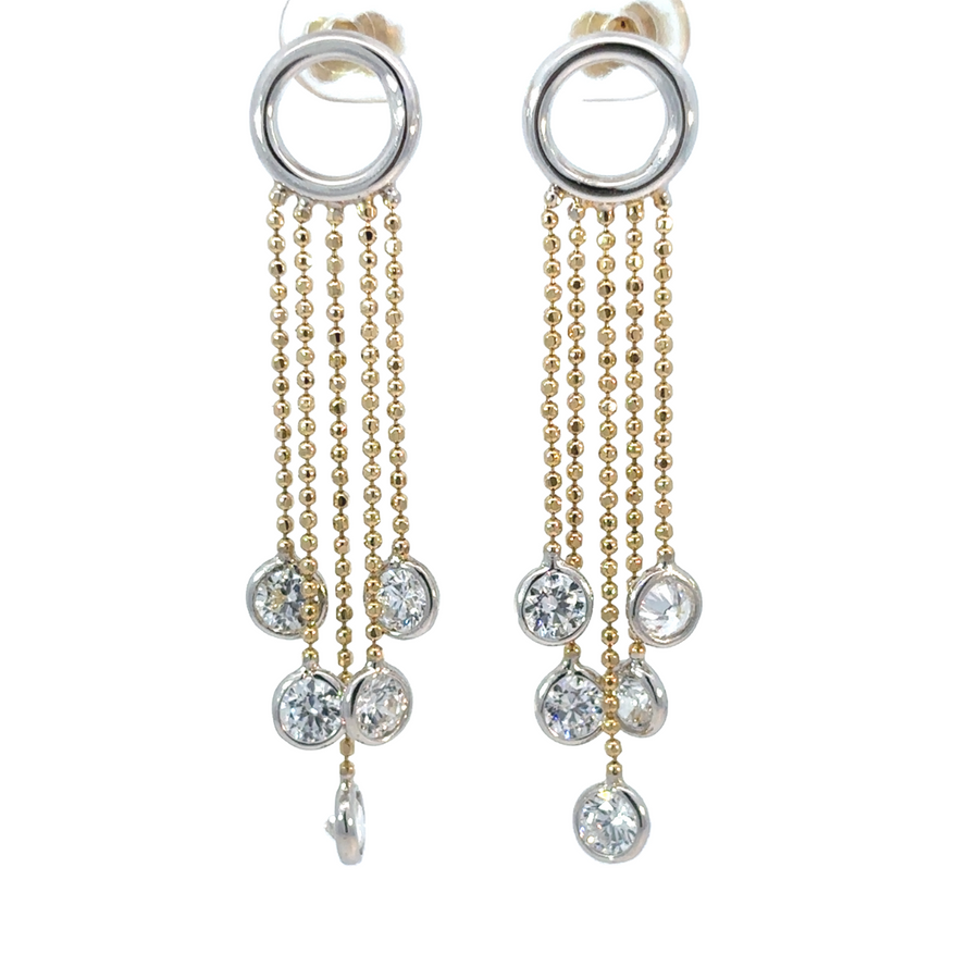 14k gold two-tone earrings with sparkling Swarovski crystals close-up