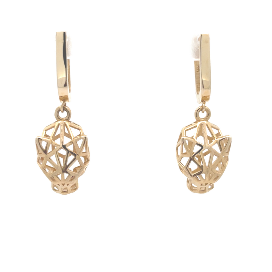 Close-up of elegant 14k gold earrings displayed on a white background