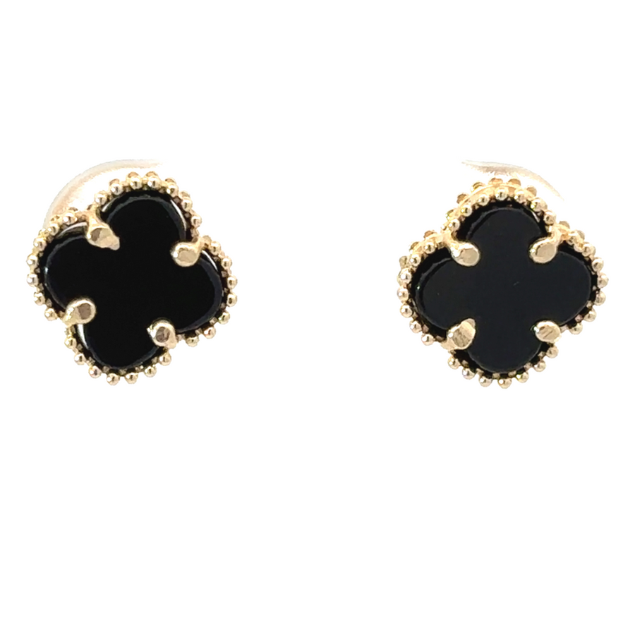 Small 14k gold earrings with black accent on white background