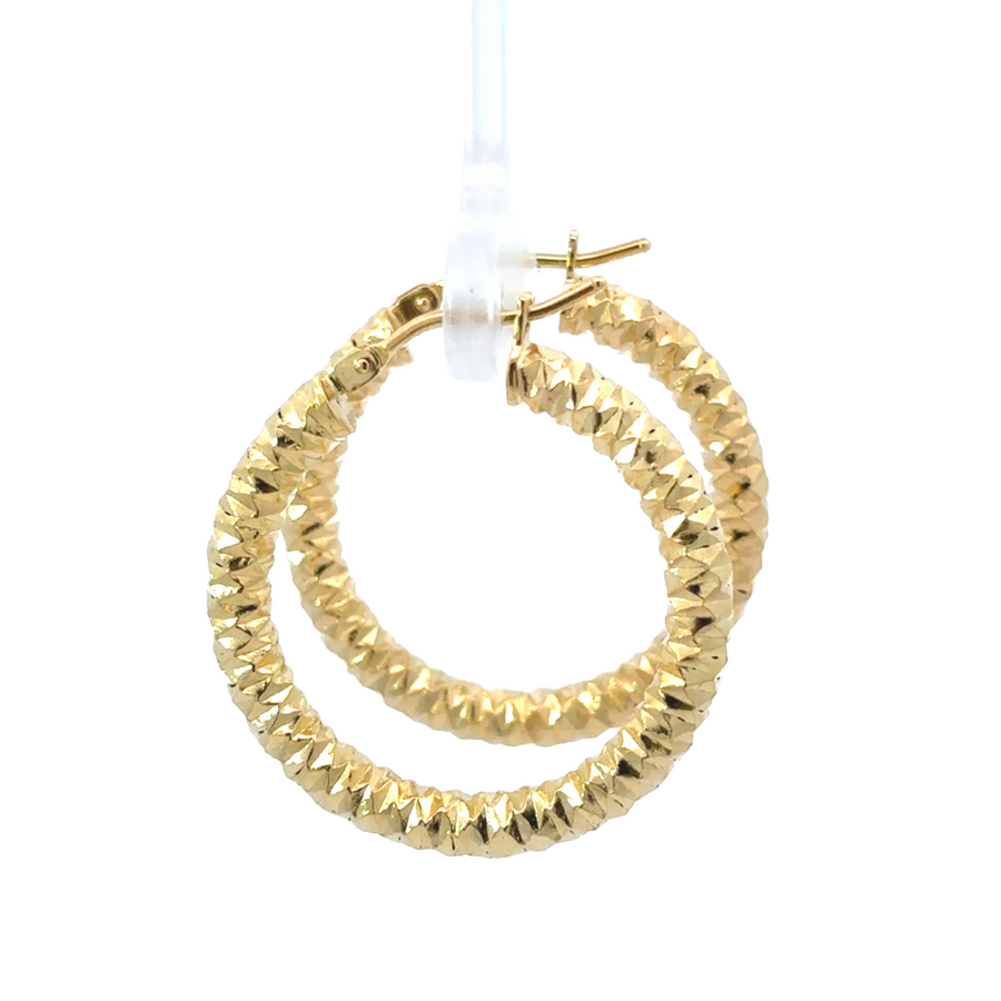 Elegant 14k gold earrings with faceted texture and brilliant shine