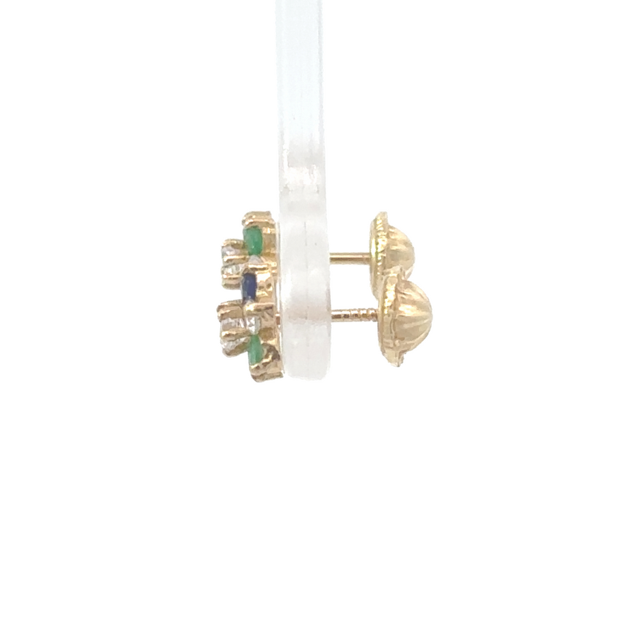 Close-up of multi-color cubic zirconia flower studs in 14k gold