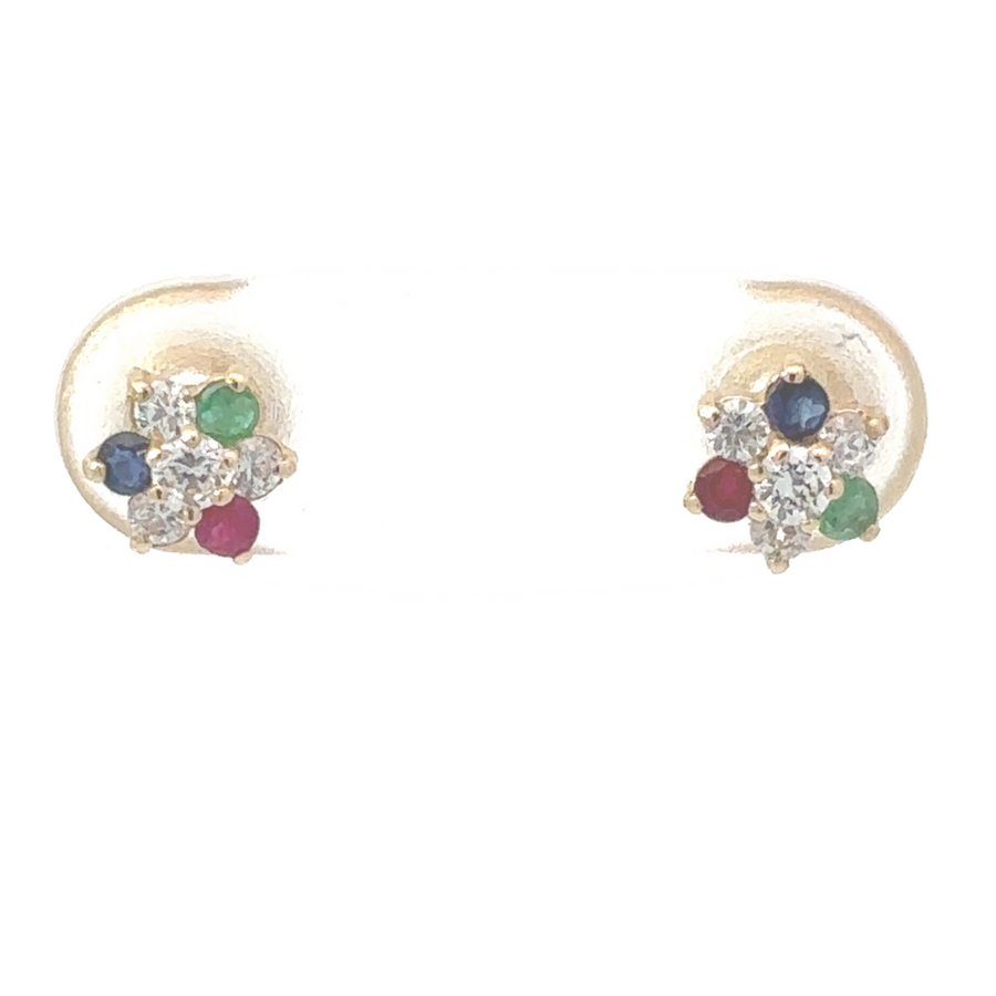 14k gold flower stud earrings with colorful CZ stones for women and babies