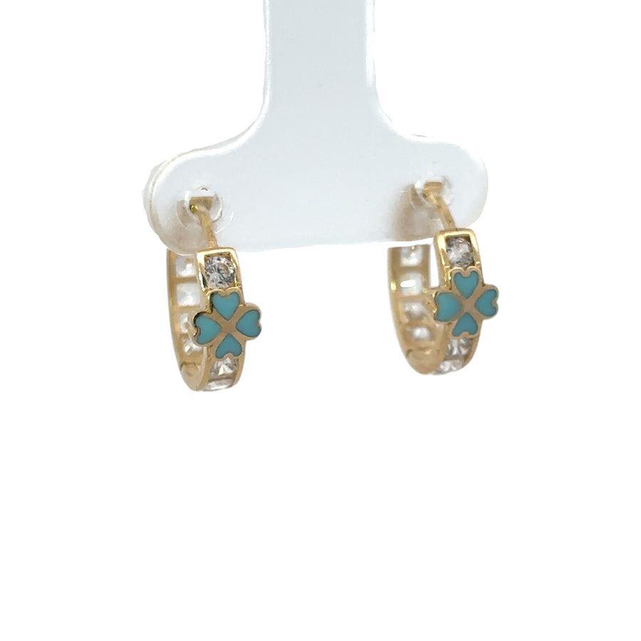 14k gold huggie earrings with blue flower design and cubic zirconia