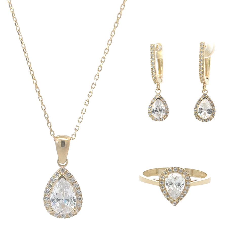 14k gold jewelry set including ring, necklace, and earrings displayed flat on white background