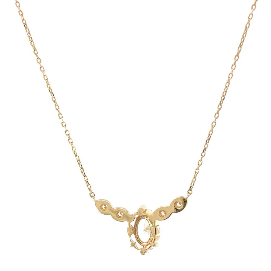 Model wearing the 14k gold jewelry set, highlighting the necklace, ring, and earrings with oval stones.