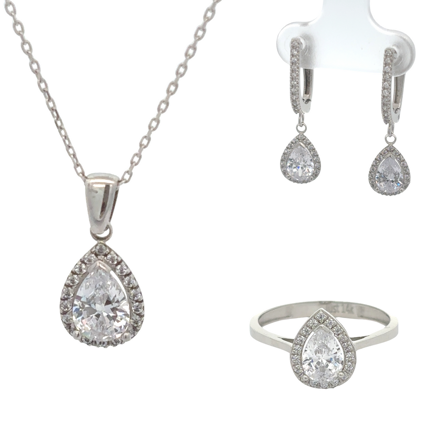 14k gold jewelry set with drop earrings, ring, and pendant